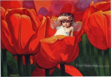 Toperfect オリジナルアート Painting - 赤い花の小さな妖精 妖精オリジナル